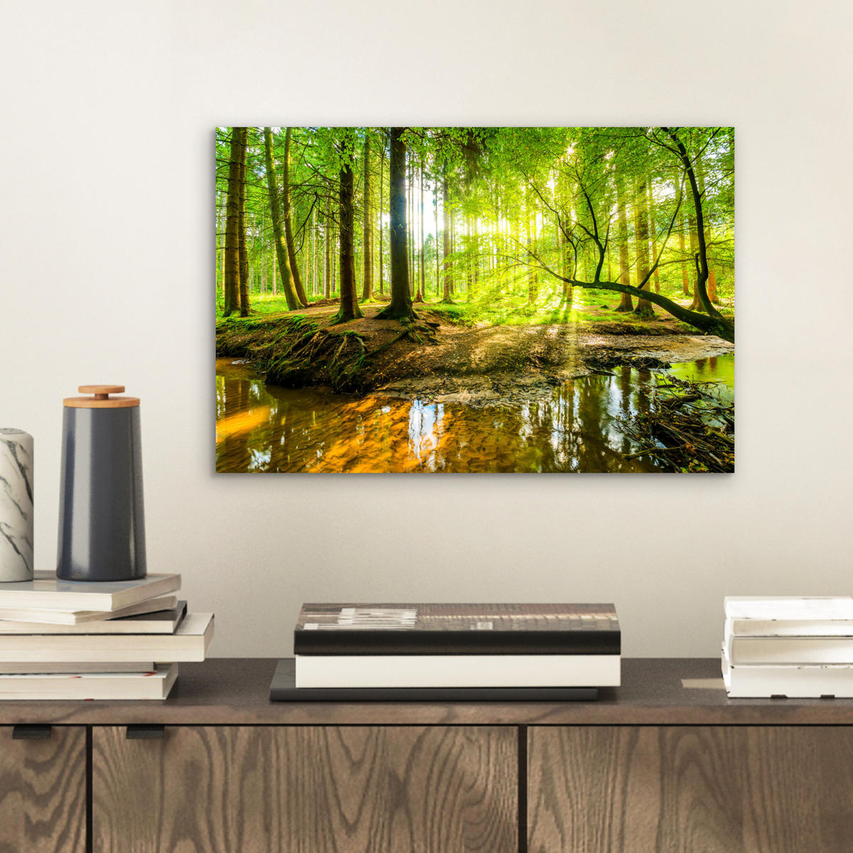 METALLBILD Wald - Landschaft - Wasser - Bäume - Sonne - Grün - Natur 30x20 cm - Grün, Metall (30/20cm) - MuchoWow