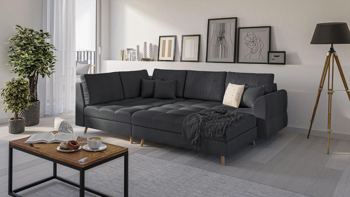 ECKSOFA MIT HOCKER Lorine Mikrofaser Anthrazit - Hellbraun/Anthrazit, Buchenholz/Textil (231/161cm) - S-Style Möbel