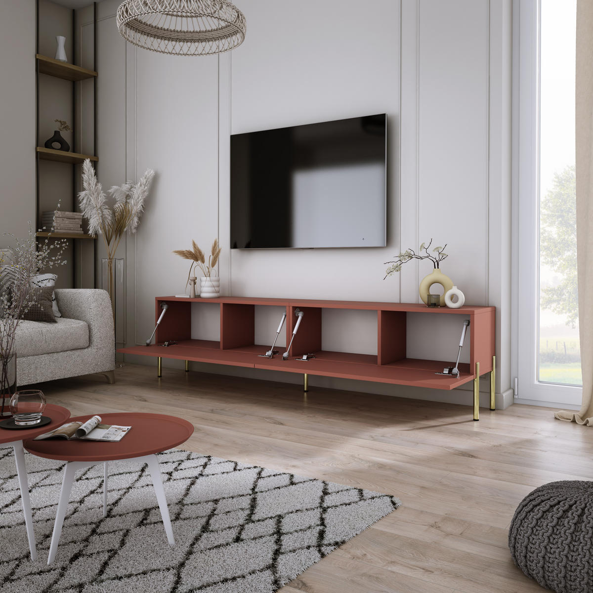 TV-SCHRANK : Ziegelrot, 170 x 52 x 32 cm, Goldene Beine - Rot/Goldfarben, Holzwerkstoff/Metall (170/52/32cm) - 3XE LIVING