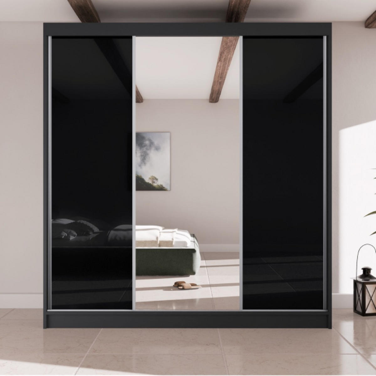 SCHRANK Schwarz VIOLA V200 Mit Spiegel - Transparent/Schwarz, Holzwerkstoff (200/215/61cm) - Sepro Meble