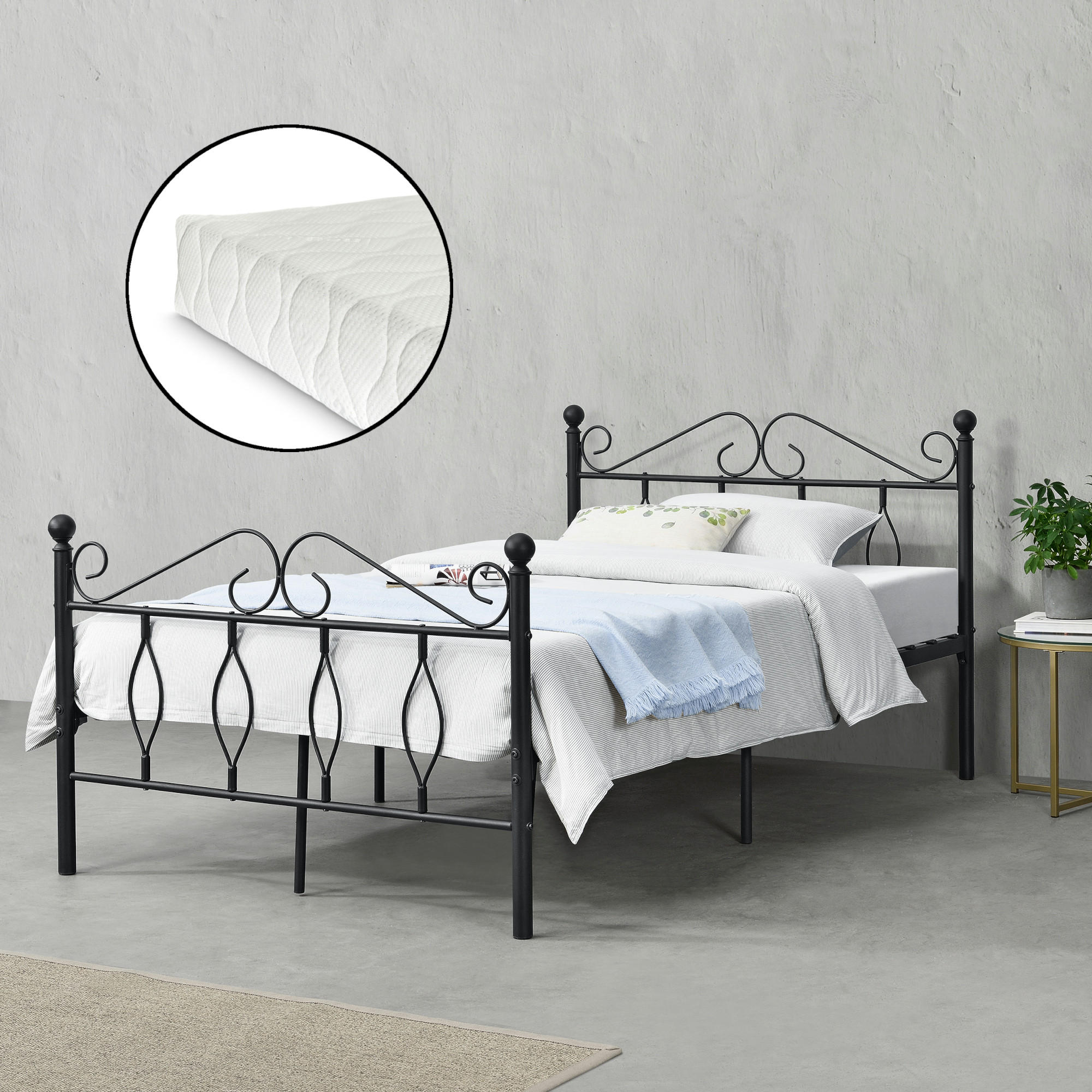 METALLBETT Apolda mit Matratze - Schwarz, Textil/Metall (120/200cm) - [en.casa]
