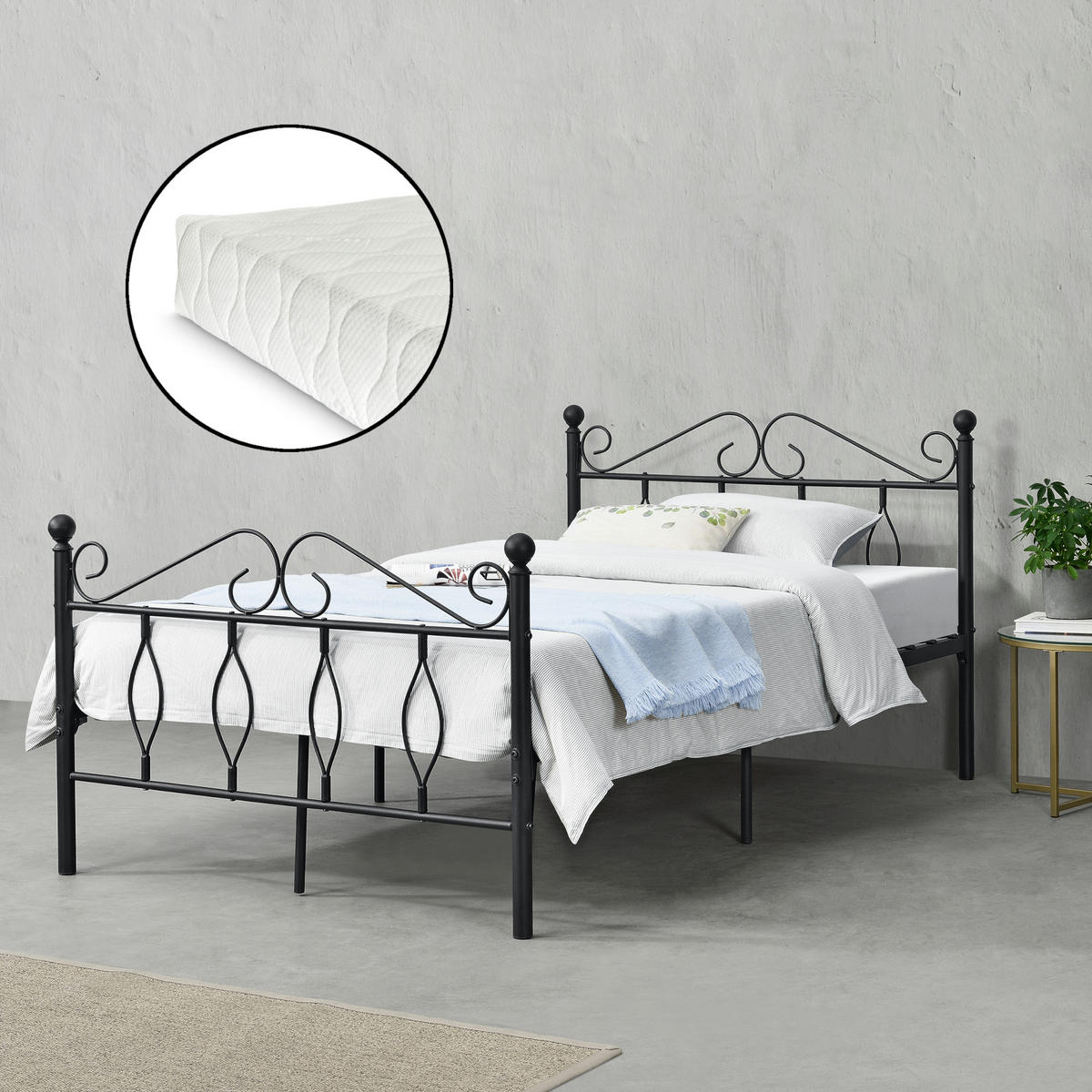 METALLBETT Apolda mit Matratze - Schwarz, Textil/Metall (120/200cm) - [en.casa]