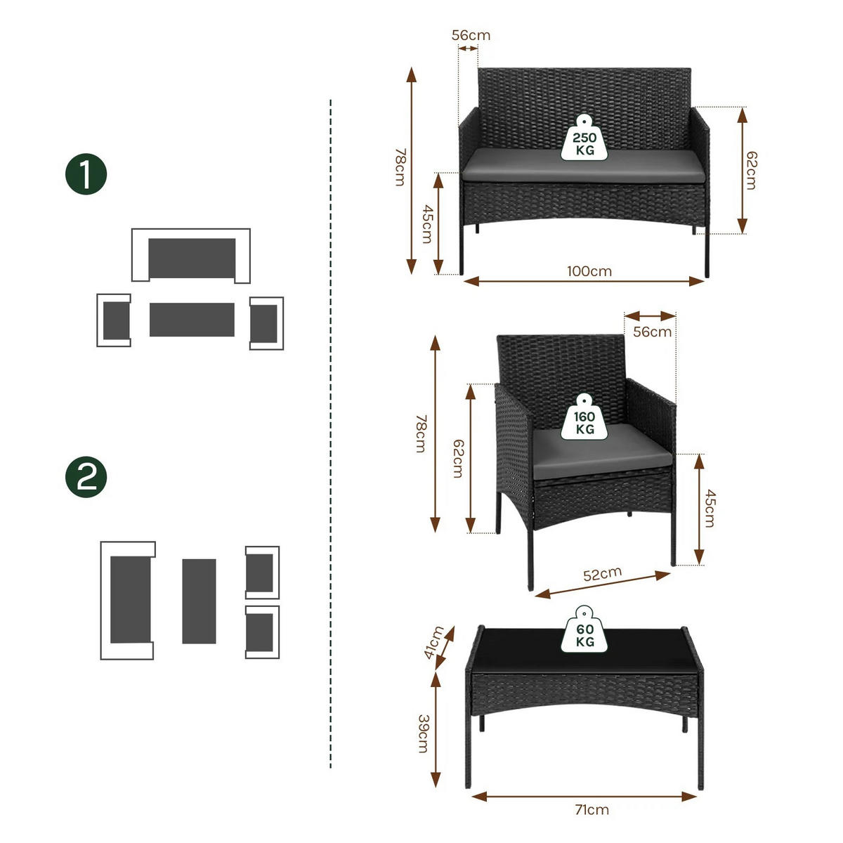 GARTEN LOUNGESET RattanStyle Schwarz 4-teilig mit Kissen - Schwarz, Metall - Kaket