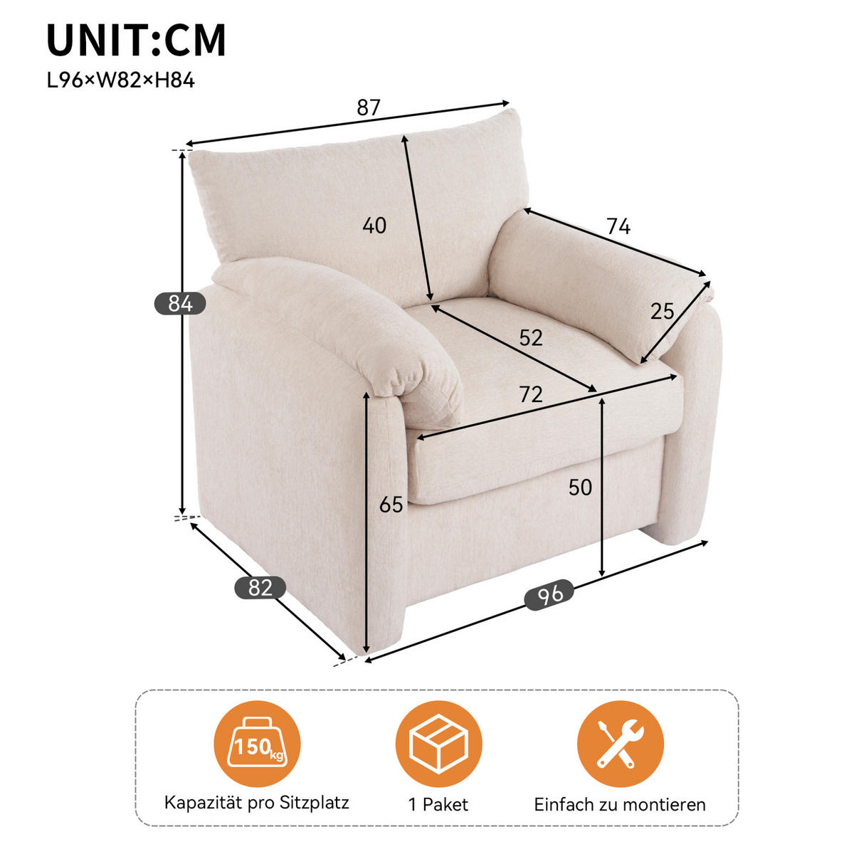 SESSEL 96/82/84 cm beige aus Chenille mit Armlehnenkissen - Beige, Textil (82/84/96cm) - OKWISH