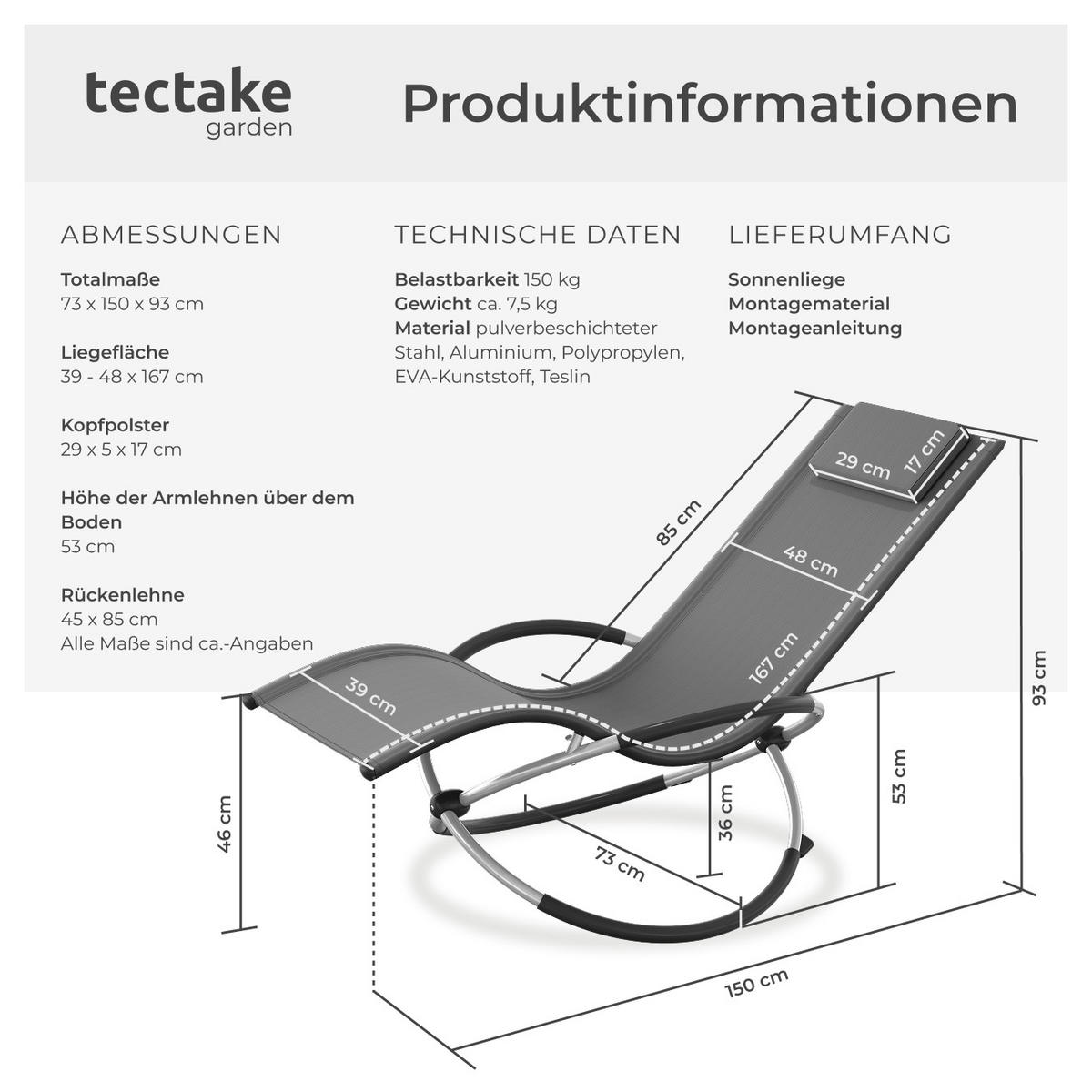 SONNENLIEGE Paulina,150 x 73 x 93 cm,grau - Grau, Metall (73/93/150cm) - tectake