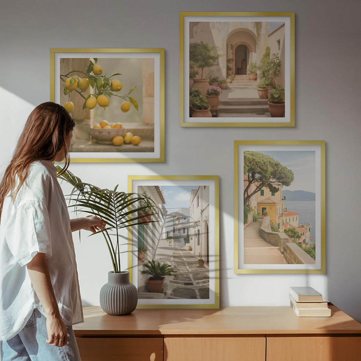 BILDER SET 4er Set - 50x50 cm & 40x60 cm Goldrahmen - Zitrusbaum im Fenster am Meer - Goldfarben, Kunststoff (50/50cm) - TULUP