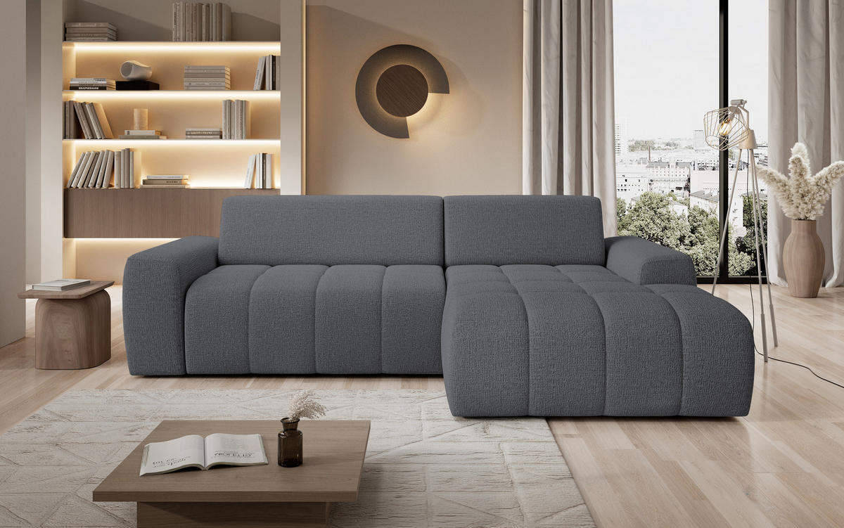 ECKSOFA Savio Freistehend, mit Abriebfestem Kansas-Stoff, Maße 265x172x81 cm, Ausziehbare Sitzfläche 206x92 cm, Rechte, – Grau - Grau, Holz/Textil (265/172cm) - DomoHome
