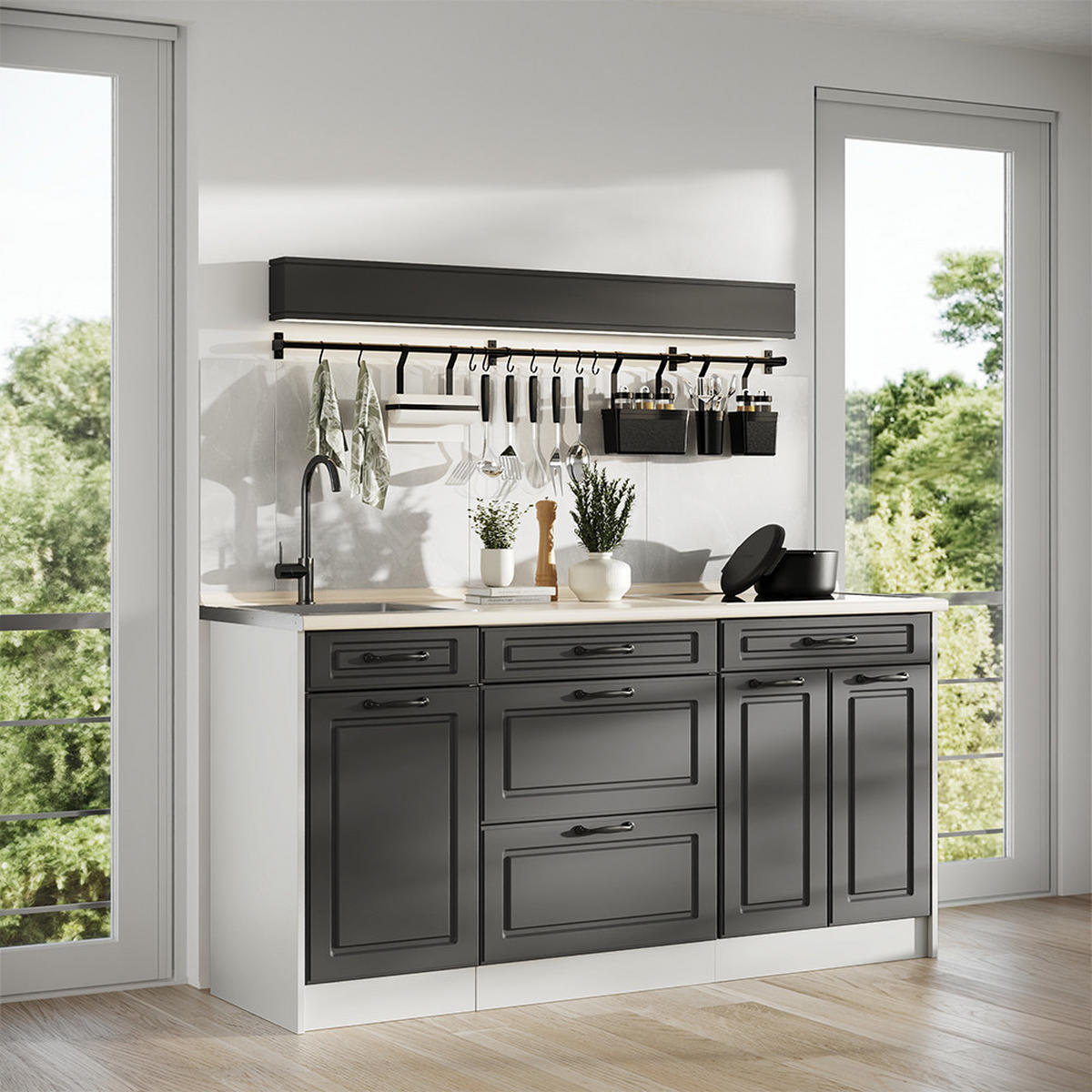 KÜCHENBLOCK R-Line, Anthrazit Landhaus/Weiß, 160 cm ohne Arbeitsplatte - Anthrazit/Weiß, Holzwerkstoff (160/81.6/46cm) - Vicco