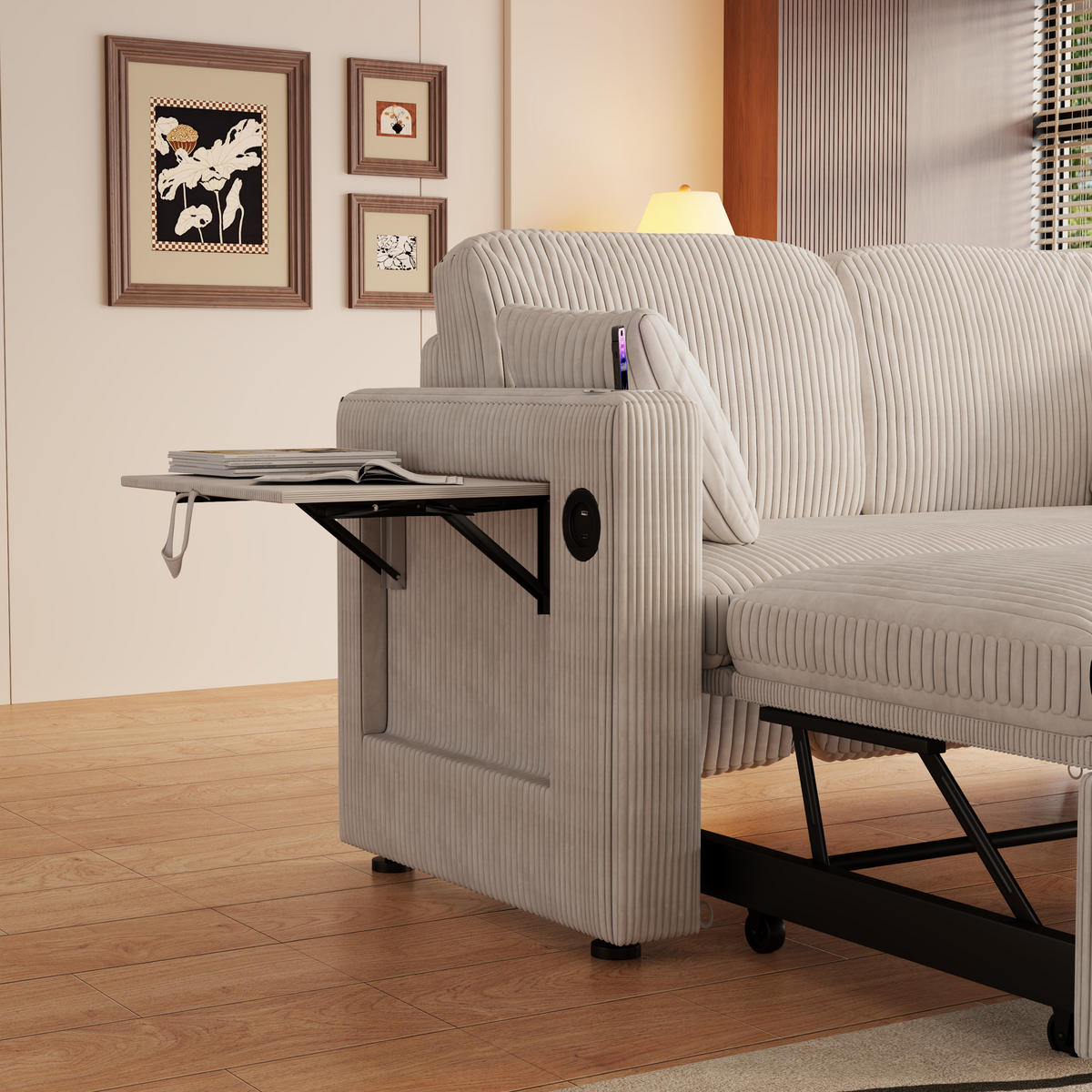 2-SITZER SCHLAFSOFA Cord Weiß mit Bettfunktion - Beige, Textil (145/85.5/132cm) - WISHDOR