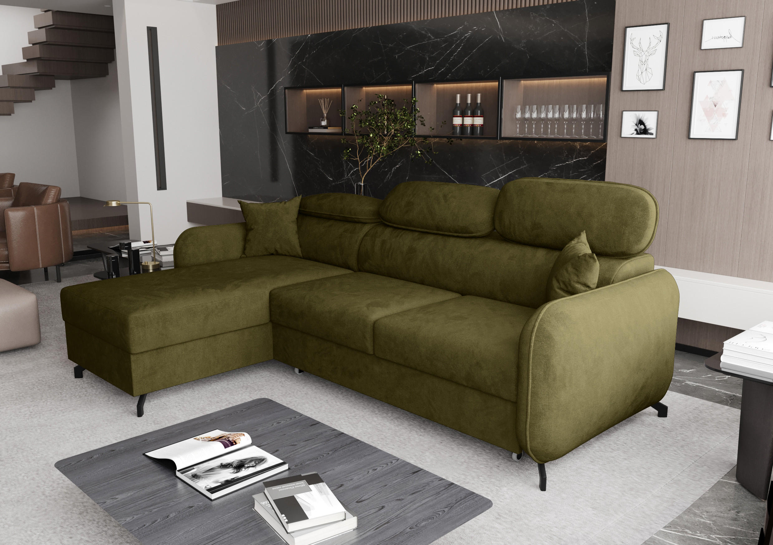ECKSOFA L Form Ribella 5 Olivgrün 265/180/100 cm Links mit Schlaffunktion - Schwarz/Grün, Textil/Metall (180/265cm) - AX Living