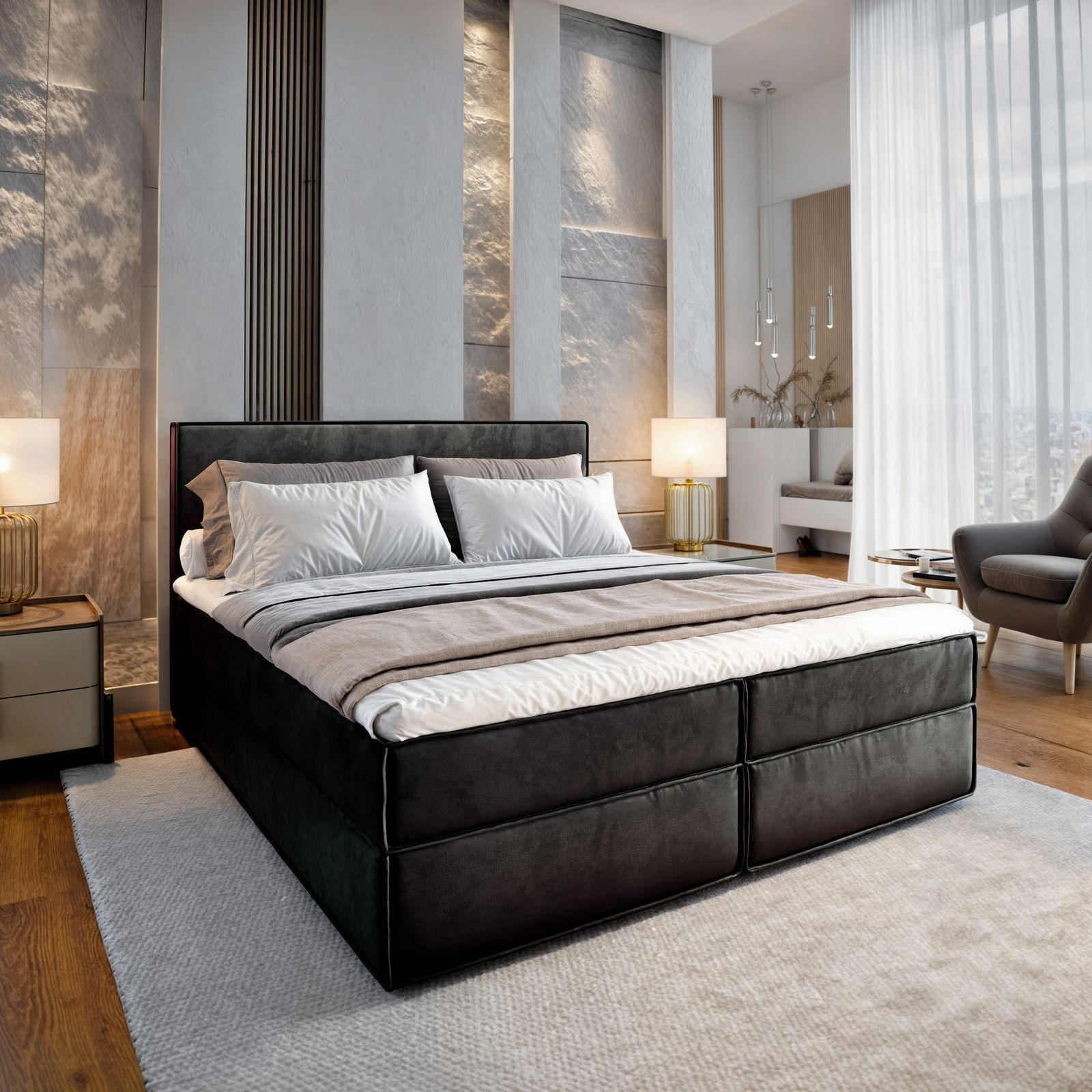 BOXBETT PELLIO 140x200 cm mit Matratze und Topper - Schwarz - Schwarz, Holz (140/200cm) - MASSENO