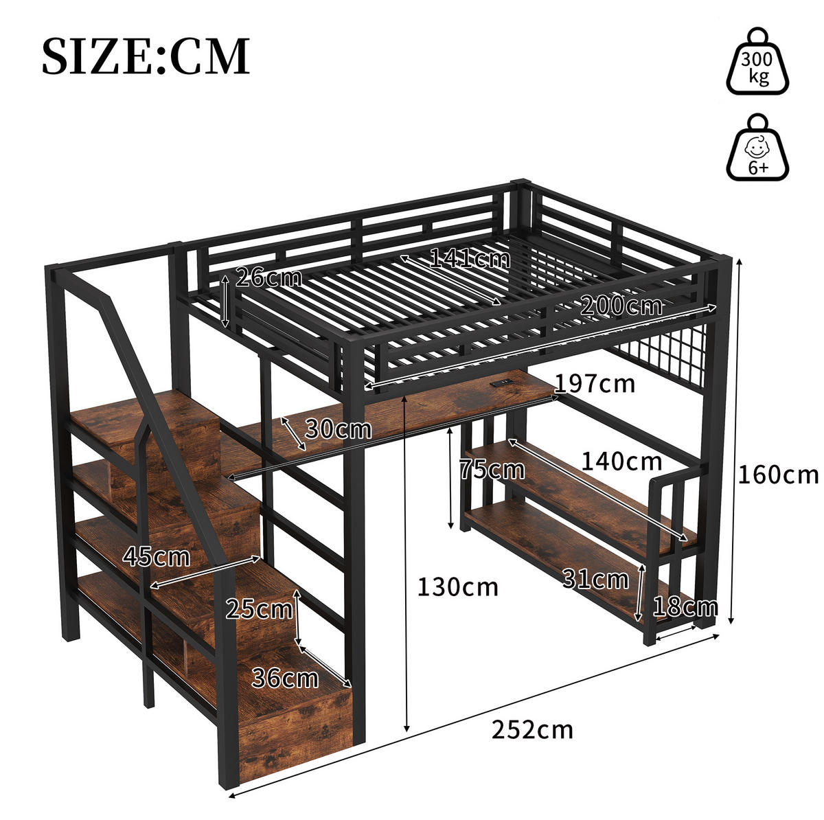 HOCHBETT 140/200 cm in Schwarz – mit Schreibtisch, Stauraumtreppe und LED - Schwarz, Metall (140/200cm) - BEAOK