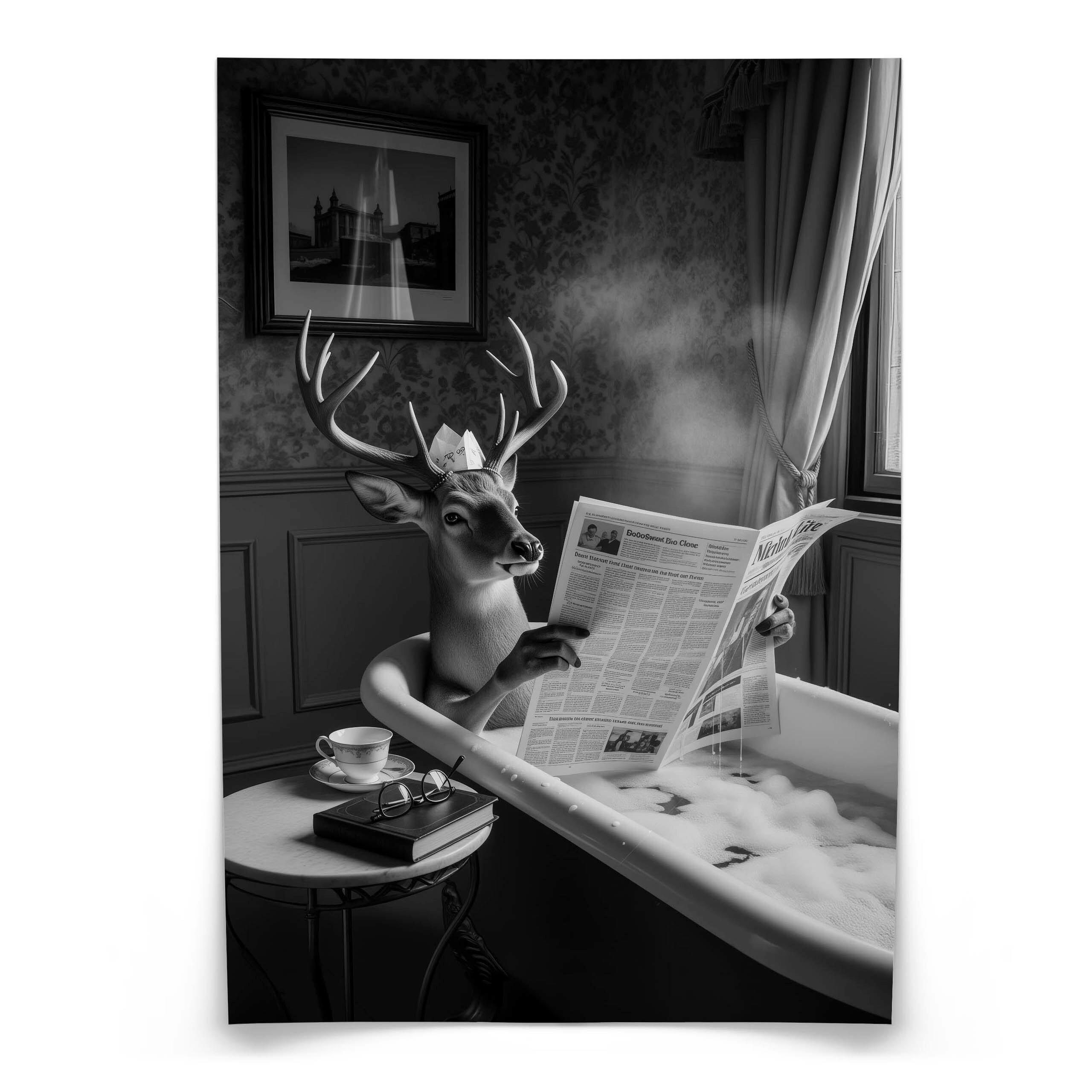 POSTER für Badezimmer WC Rehe HIRSCH in Badewanne Zeitung Abstraktion 30x40cm - Schwarz/Weiß, Papier (30/40/1cm) - Muralo