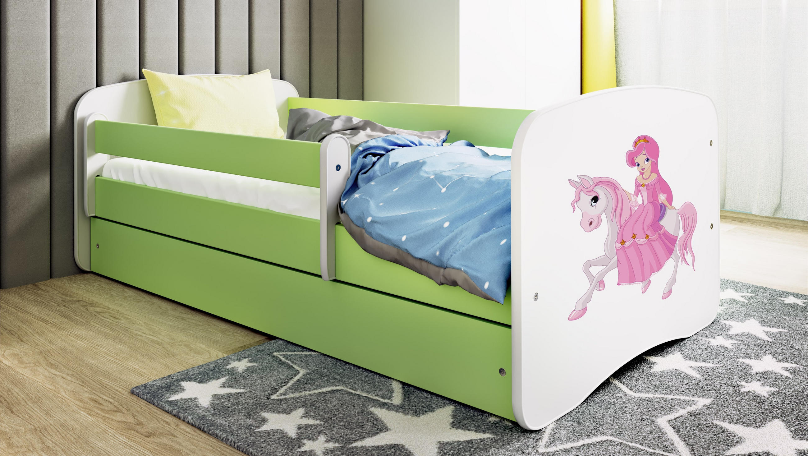 KINDERBETT Prinzessin zu Pferd mit Schublade 140/70 80/61/144 - Grün, Holzwerkstoff (80/140cm) - RAUMHIRSCH FURNITURE