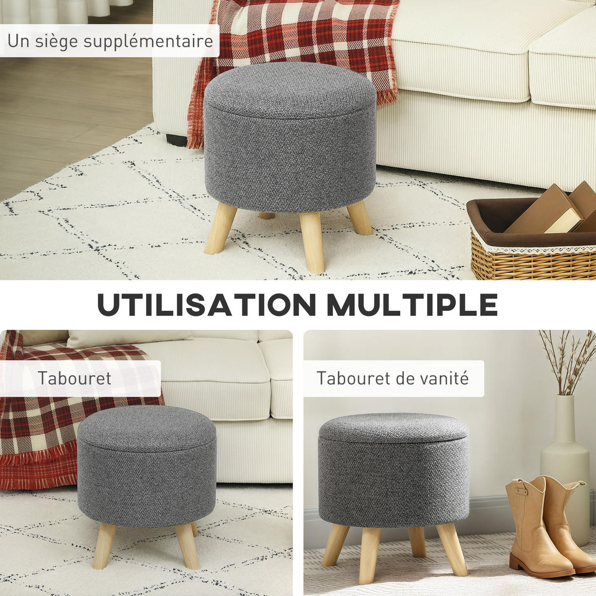 POUF DE-16378 runder Sitzhocker mit Stauraum und Holzbeinen Grau - Grau, Textil (39/40/39cm) - ComfortXL