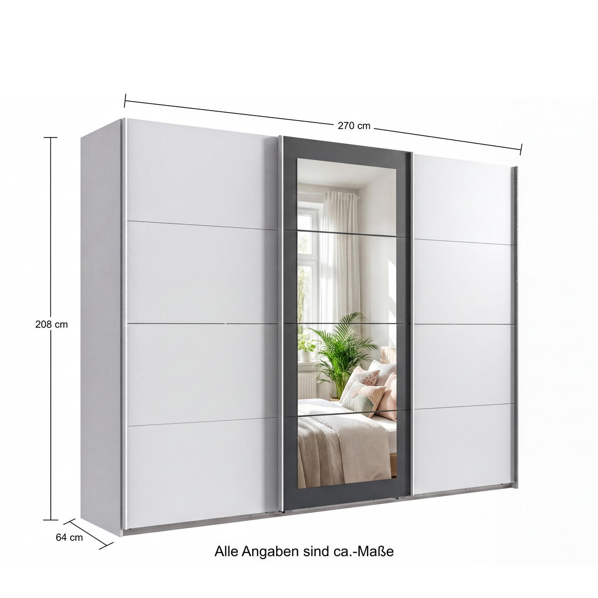 SCHWEBETÜRENSCHRANK 3-türig B270/H208/64 cm Kleiderschrank in Weiß, Spiegel umrahmt in Grafit, Griffe Weiß / 22629 - Weiß, Holzwerkstoff/Metall (270/208/64cm) - luma-home