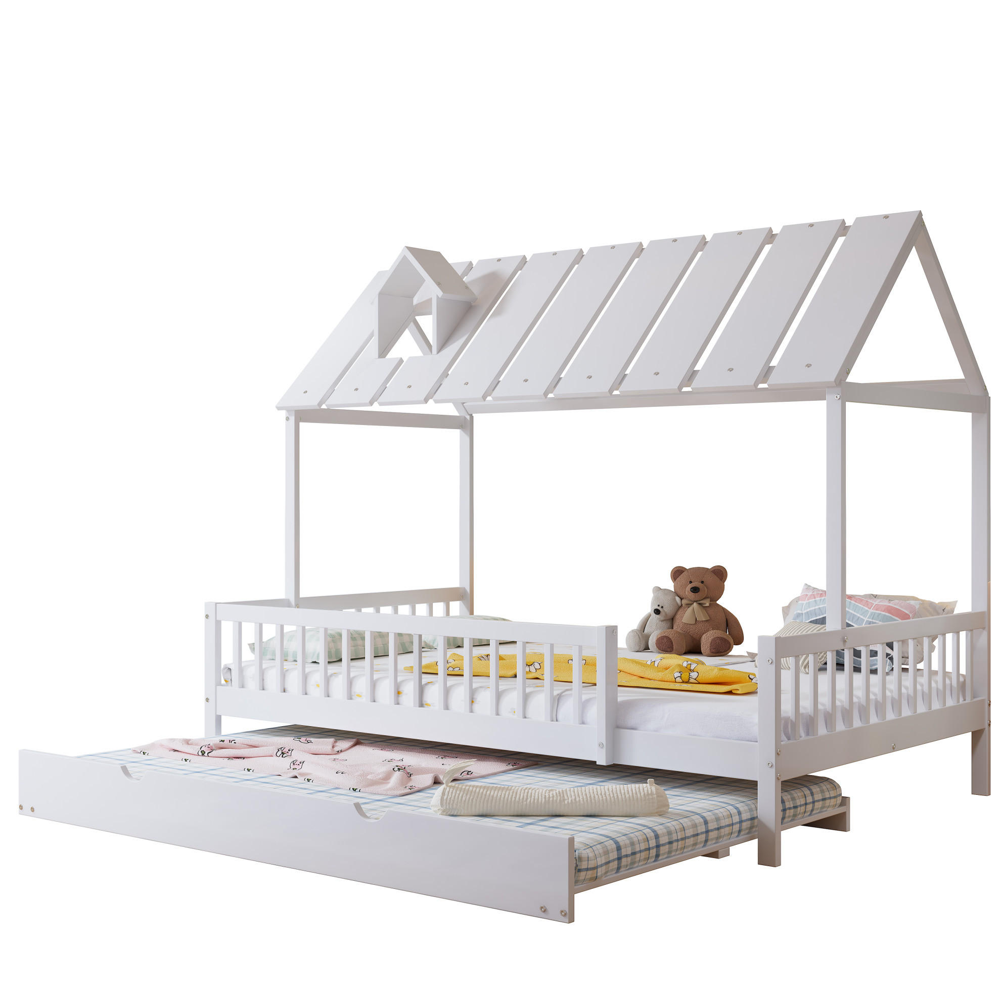 HAUSBETT 120/200/190 cm Weiß aus Kiefer und MDF mit Rollbett - Weiß, Holzwerkstoff (120/200cm) - OKMYHOME