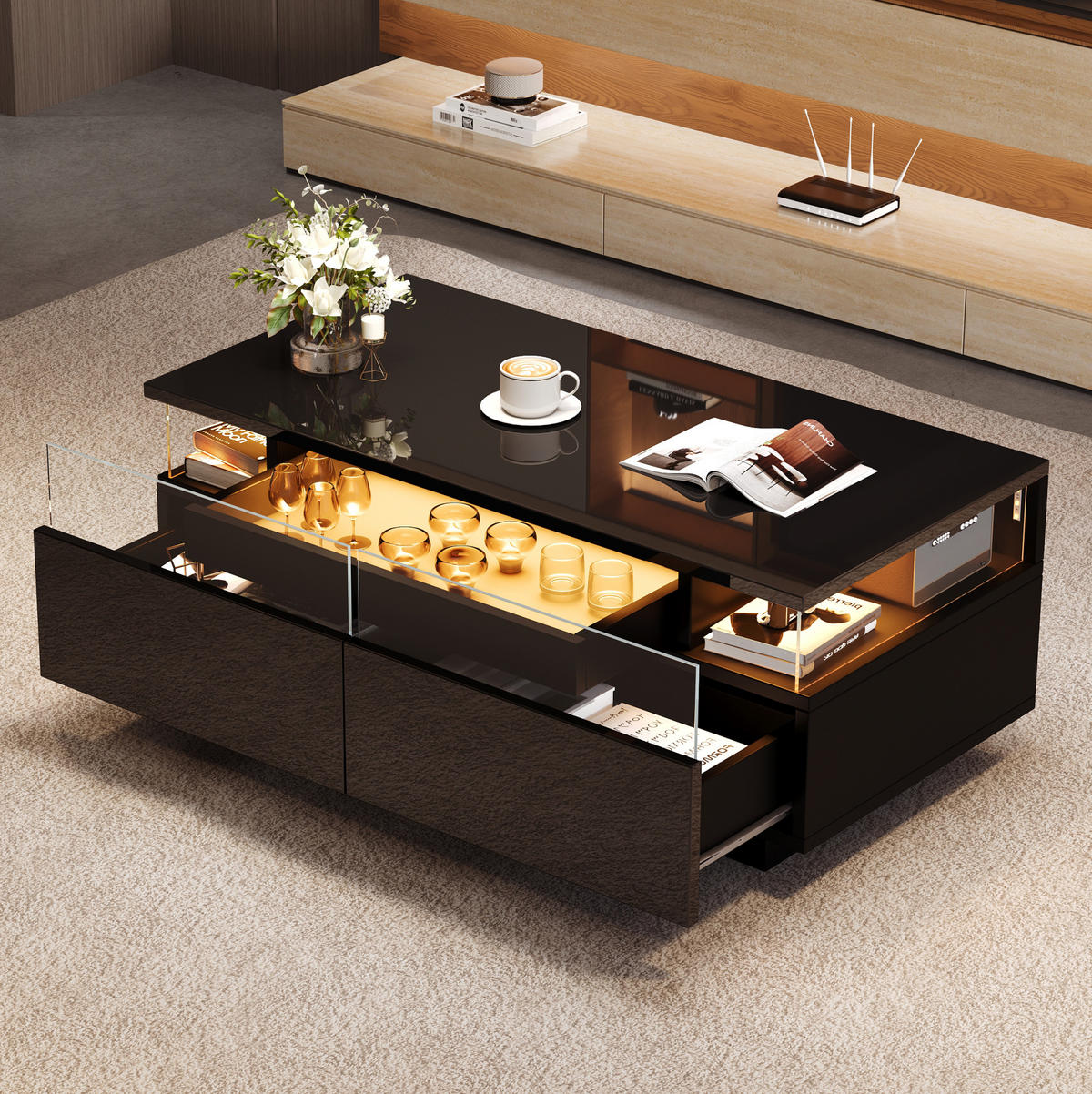 COUCHTISCH 90/45/35.5 cm in Schwarz aus MDF und Glas mit LED-Licht und Stauraum - Schwarz, Holzwerkstoff (90/45/35.5cm) - OKMYHOME