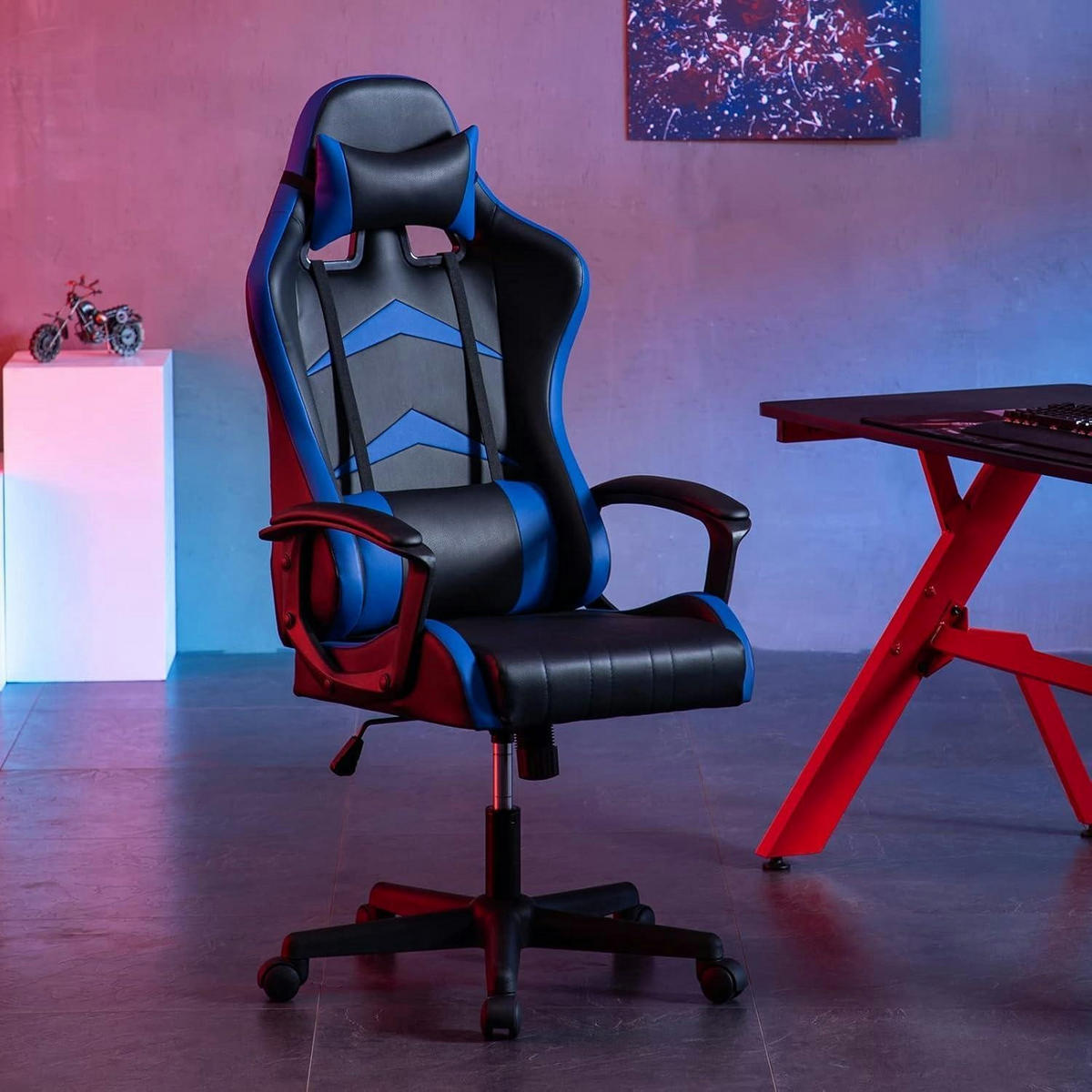 BÜROSTUHL mit Kopf- und Lendenkissen Blau - Blau, Kunststoff (49/130/52cm)