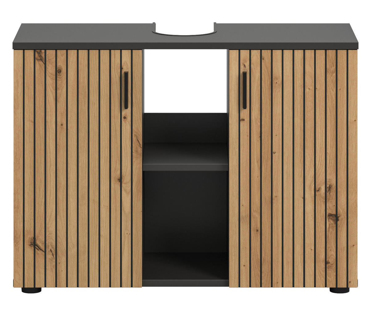 WASCHBECKENUNTERSCHRANK Eiche Artisan, grau 80 cm, Badezimmer Unterschrank mit Rillen-Optik - Schwarz/Eiche Artisan, Holzwerkstoff/Kunststoff (80/59/30cm) - Inn.Furn
