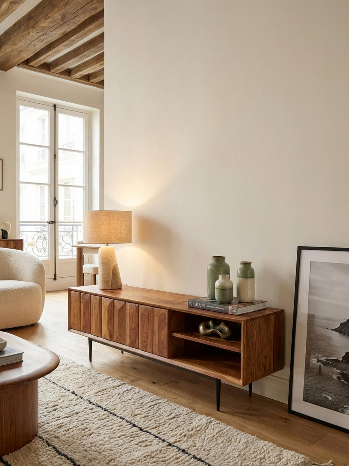 LOWBOARD Massivholz Modern Stil für 55-Zoll Fernseher Push-to-Open mit Edelstahlbeinen - Schwarz/Braun, Holz/Metall (123/42/35cm) - KADIMA DESIGN