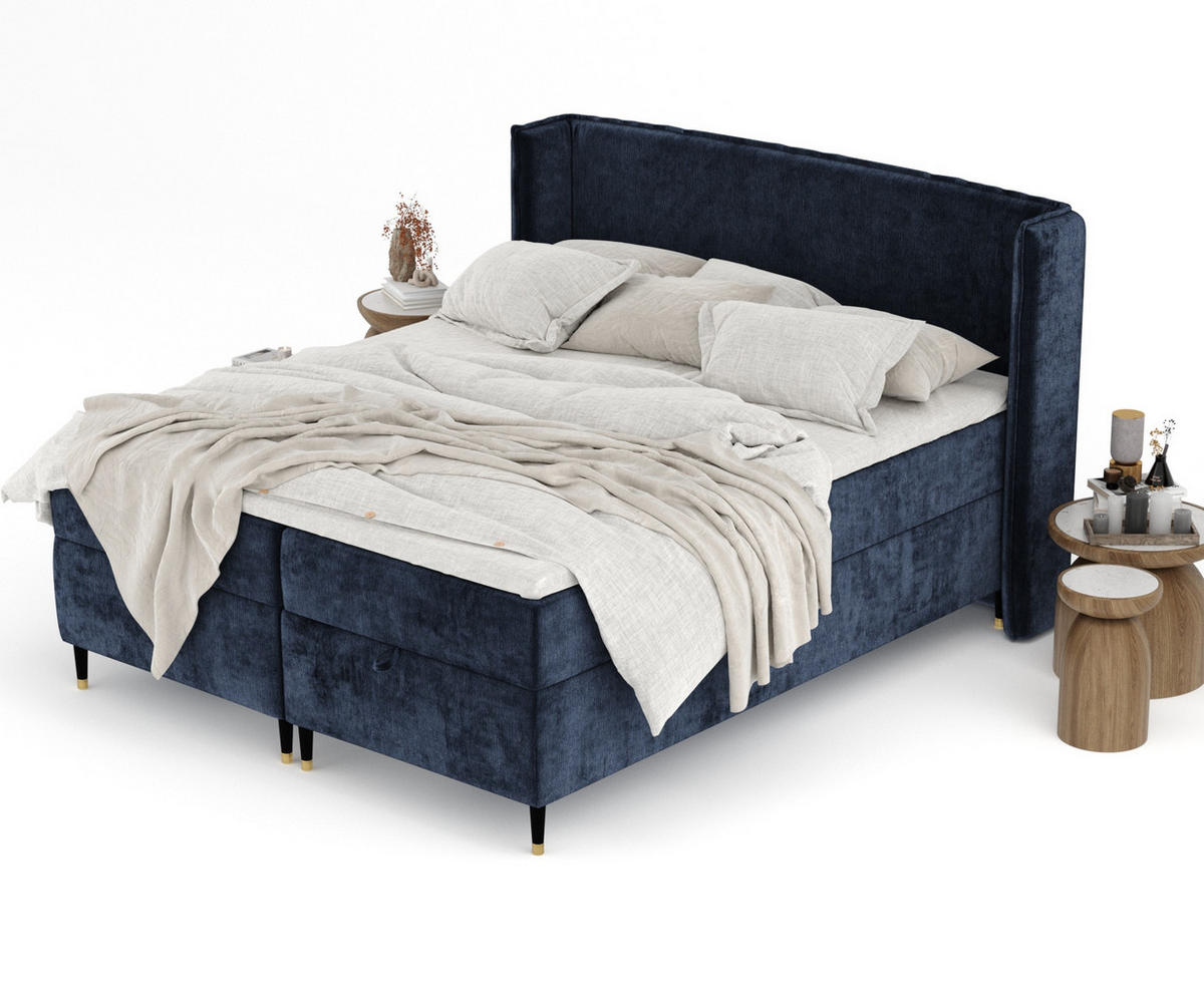 BOXBETT Monpelli Marineblau 200/200 cm mit Matratze und Topper - Schwarz/Dunkelblau, Holz/Holzwerkstoff (200/200cm) - Maison de Reve