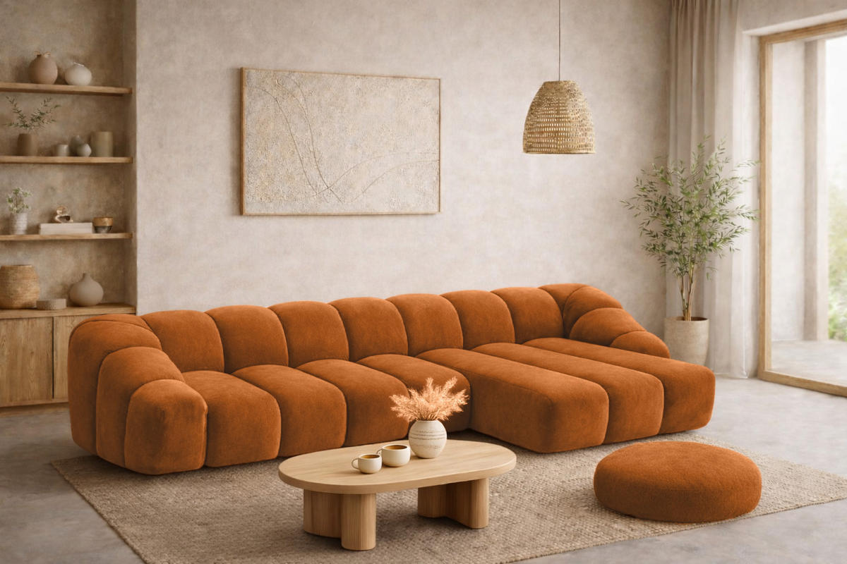 ECKSOFA Modulare L-Form, Veloursstoff Bluvel, Zimtfarbe, Rechts, CROISSANT XL - Orange, Holz (340/190cm) - Kaiser Möbel