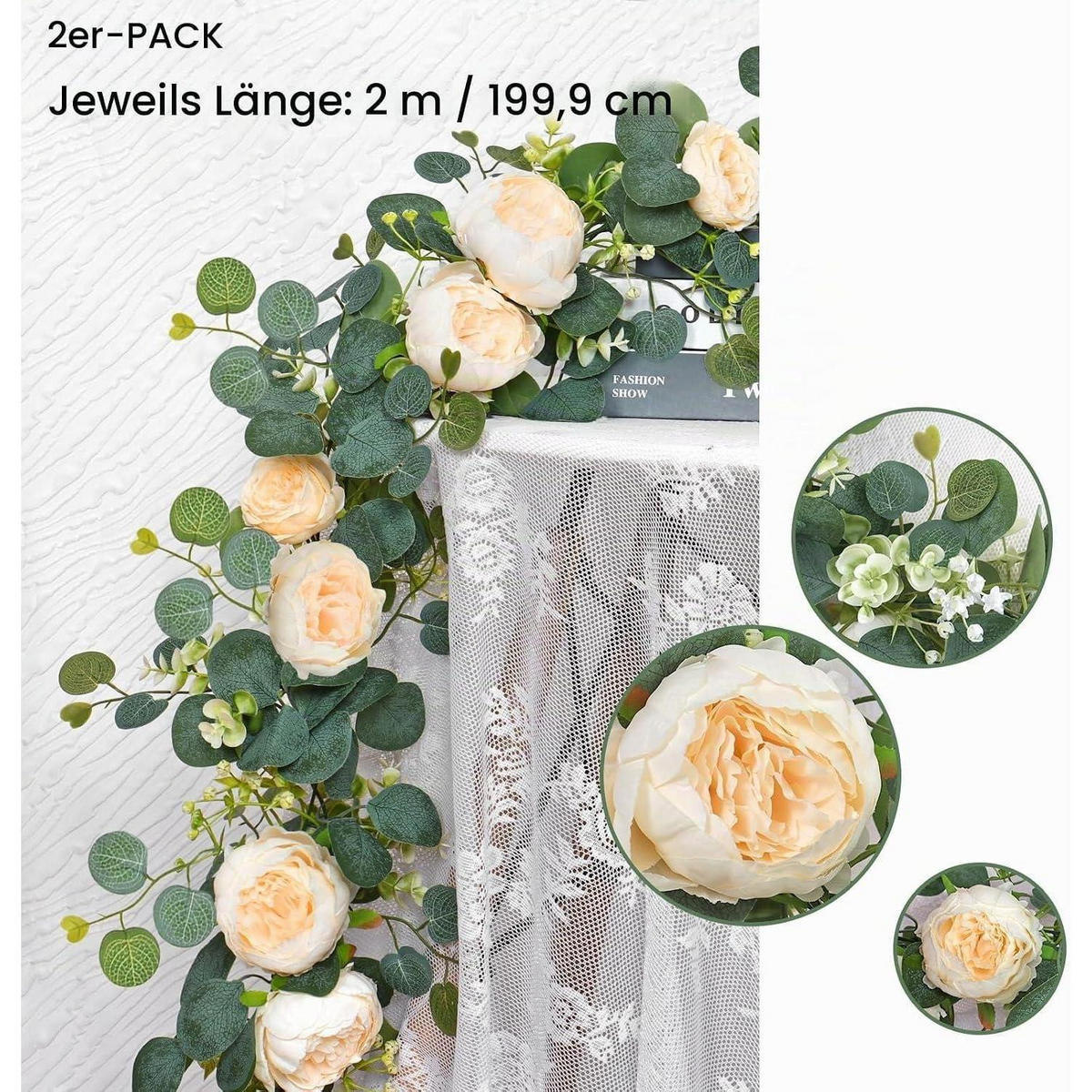 KÜNSTLICHE Blumengirlande Eukalyptus Pfingstrose 200 cm Champagner 2 Stück - Multicolor, Kunststoff (10cm)