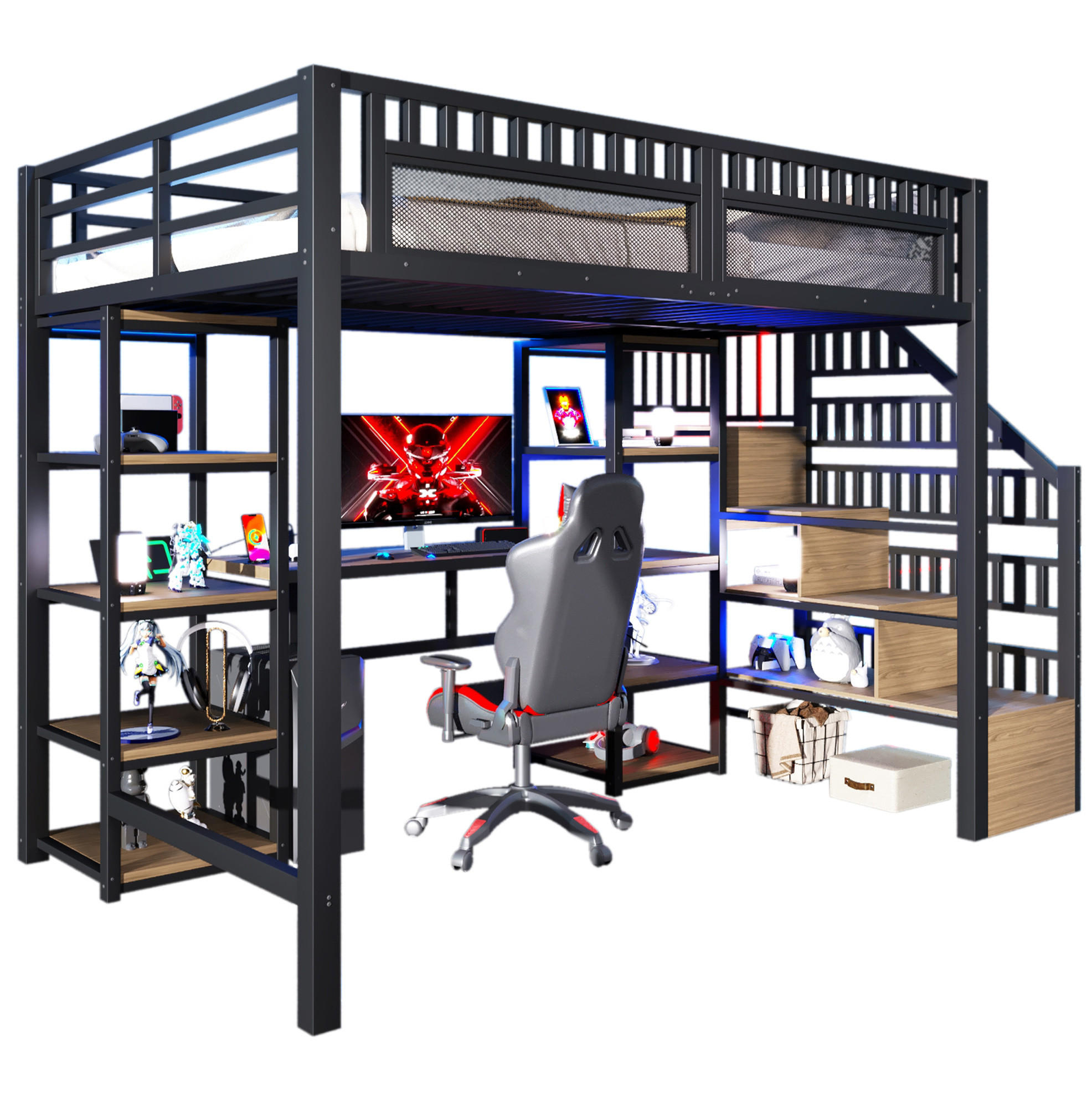 HOCHBETT 140/200 cm, Schwarz mit Schreibtisch, LED-Lichtleiste, ohne Matratze - Schwarz, Metall (140/200cm) - MIVRAY