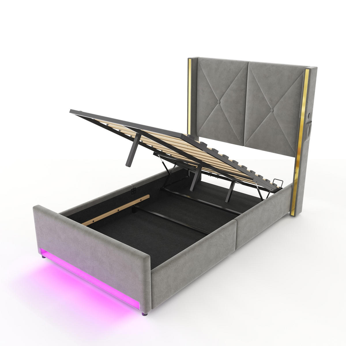POLSTERBETT 90/200 cm mit USB, Type-C, LED und hydraulischem Bettkasten, Dunkelgrau - Dunkelgrau, Textil (90/200cm) - Redom