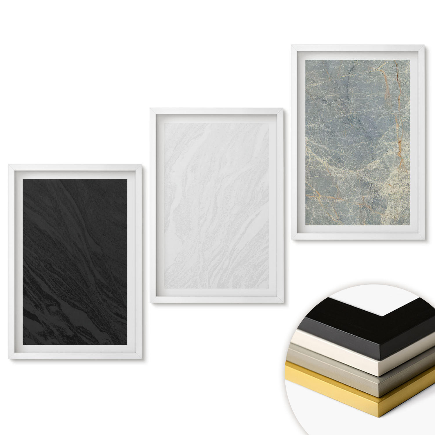 WANDBILDER 3er-Set - 40x60 cm Weißer Rahmen - Die Farben eleganter Steinstrukturen - Weiß, Kunststoff (40/60cm) - ArtPrintCave