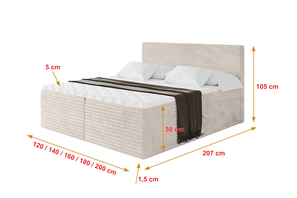 BOXBETT mit Matratze H4 und Lattenrost - TOLO-v1 - 200x200 Cord - Creme - Creme, Holzwerkstoff (200/200cm)