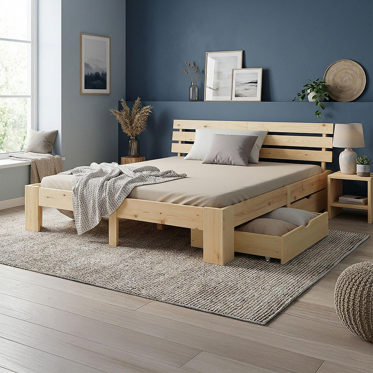 HOLZBETT mit Matratze und Stauraum 180/200 cm natur - Naturfarben, Holz (180/200cm) - Homestyle4u