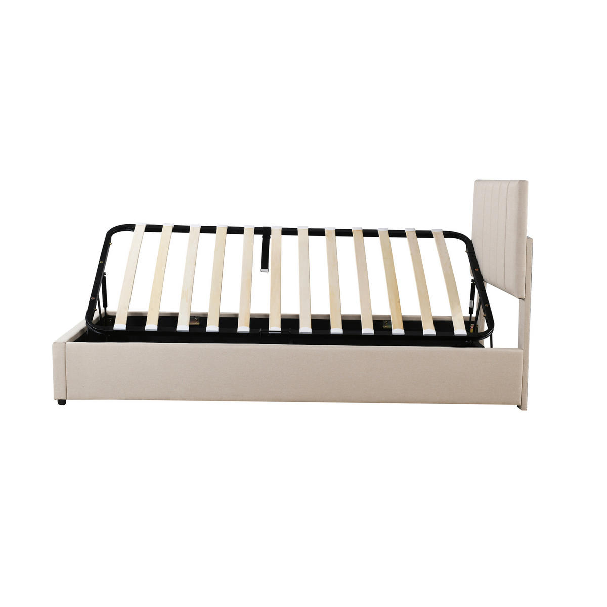 POLSTERBETT 90/200 cm mit hydraulischem Stauraum, höhenverstellbarem Kopfteil und Leinenbezug, Beige - Beige, Textil (90/200cm) - Redom