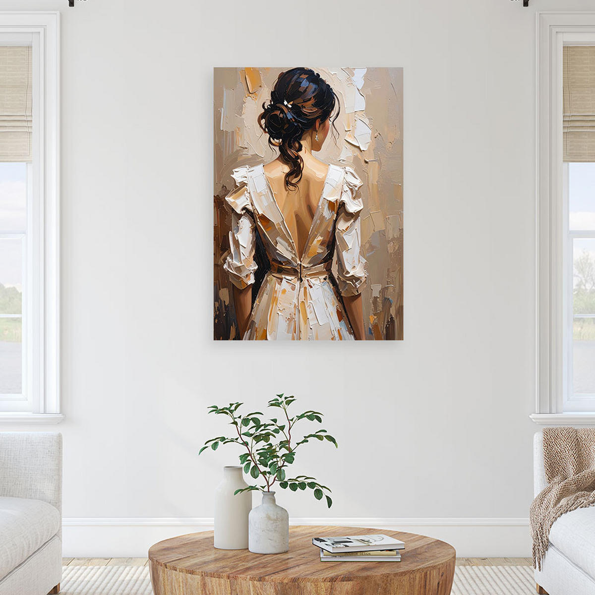 LEINWANDBILD Frau in weißem Kleid Farbeffekt 70x100cm - Beige, Textil (70/100cm) - Feeby