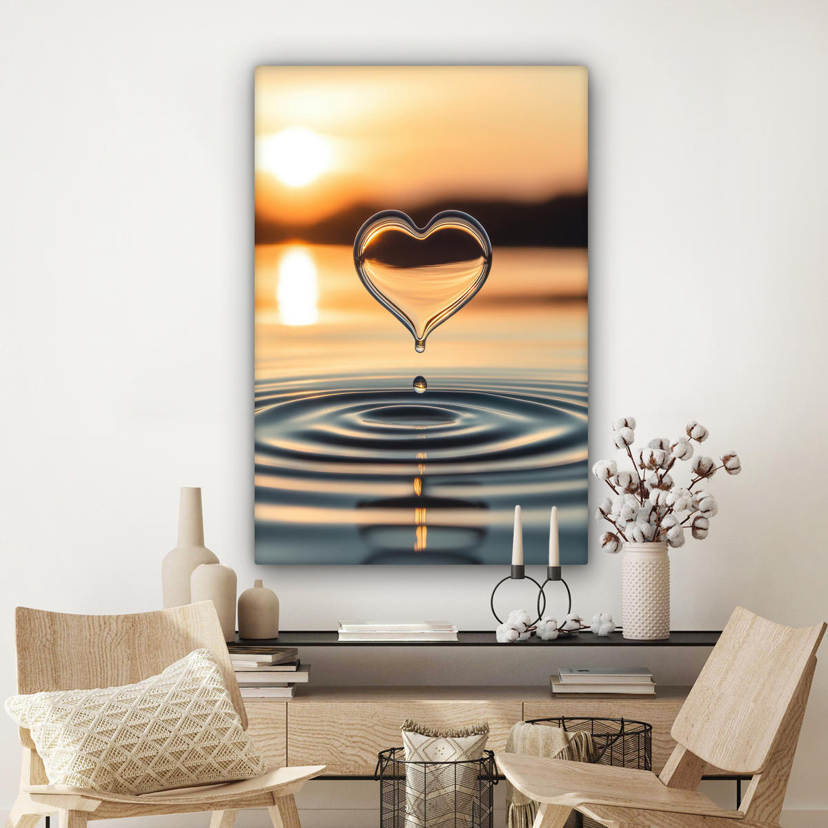 LEINWANDBILD - Herz - Wasser - Sonnenuntergang - Natur - Zen - 80x120 - Wanddeko - Bernsteinfarben, Textil (80/120cm) - MuchoWow