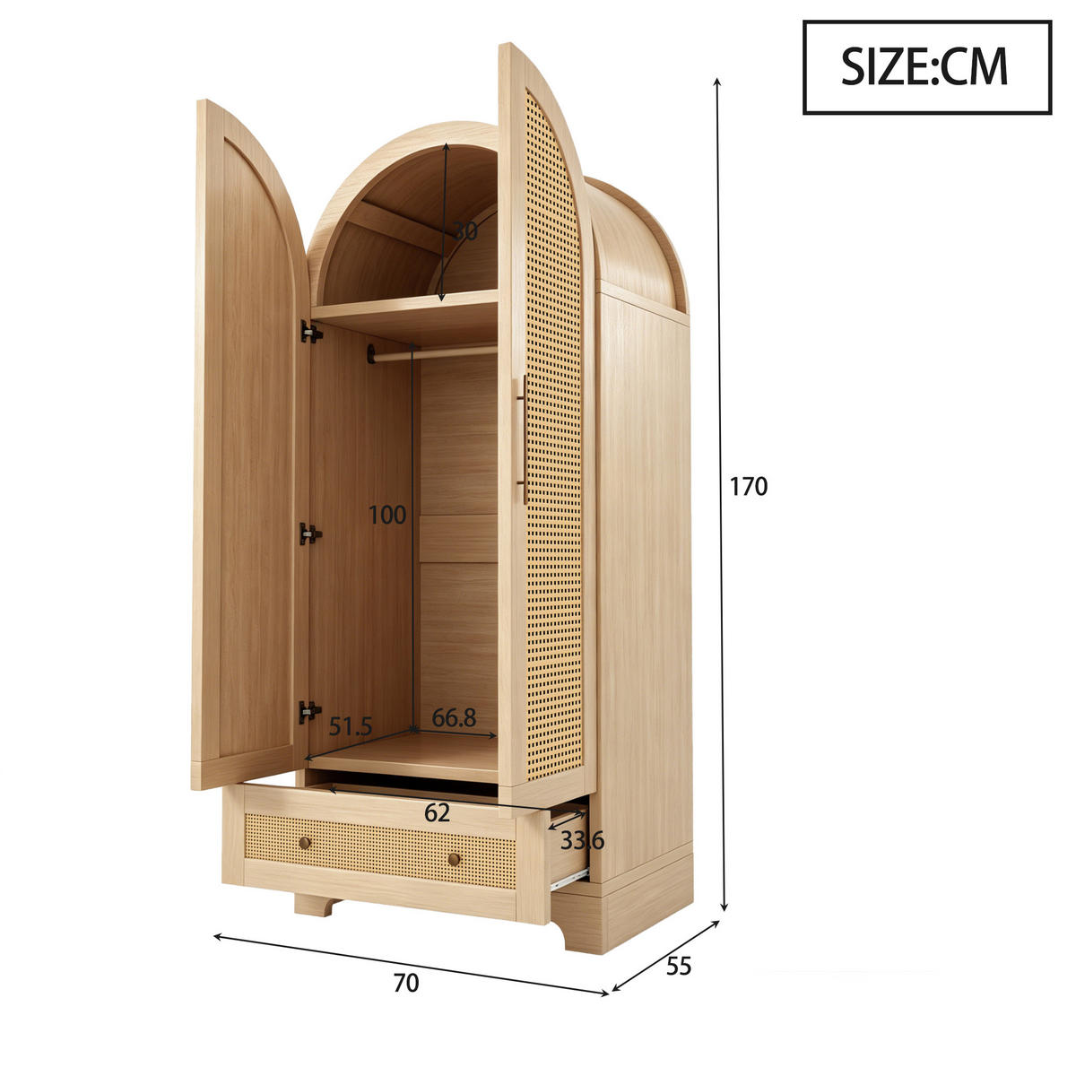 ŠATNÍ SKŘÍŇ dvojitá dvířka, umělý ratan, dřevo, se zásuvkami - přírodní, kompozitní dřevo (70/170/55cm) - Urban Meuble