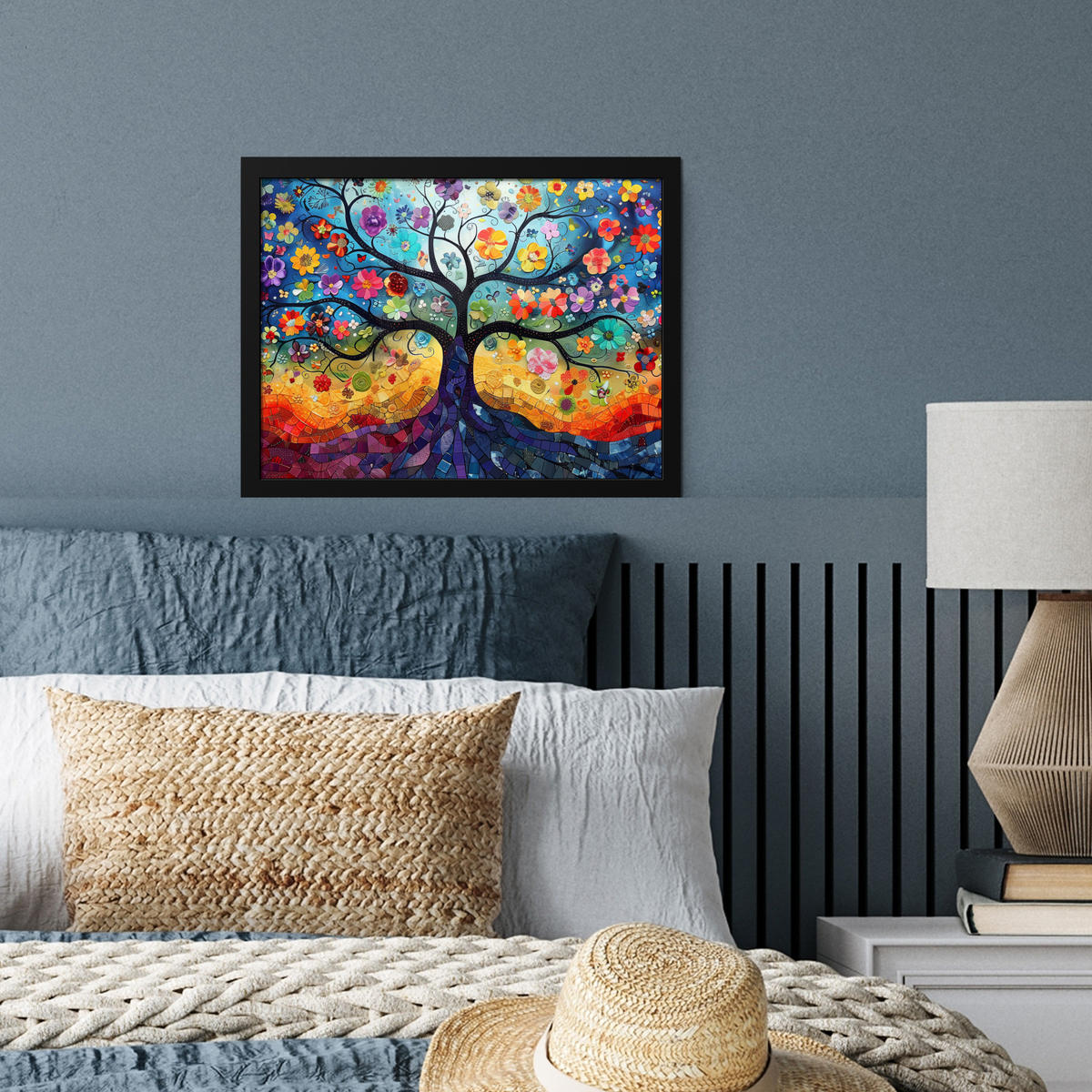 POSTER MIT RAHMEN Kunst - Baum des Lebens - Blumen - Hippie 40x30 cm - Dunkelblau, Papier (40/30cm) - MuchoWow