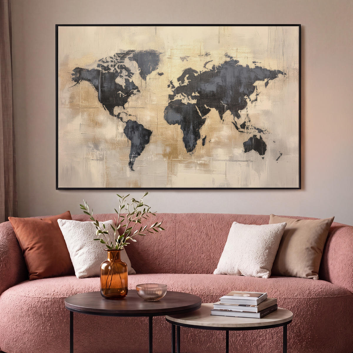 LEINWAND Bilder mit Rahmen - Weltkarte - Gold - Schwarz - Abstrakt - 150x100 - Kupferfarben, Textil (150/100cm) - MuchoWow
