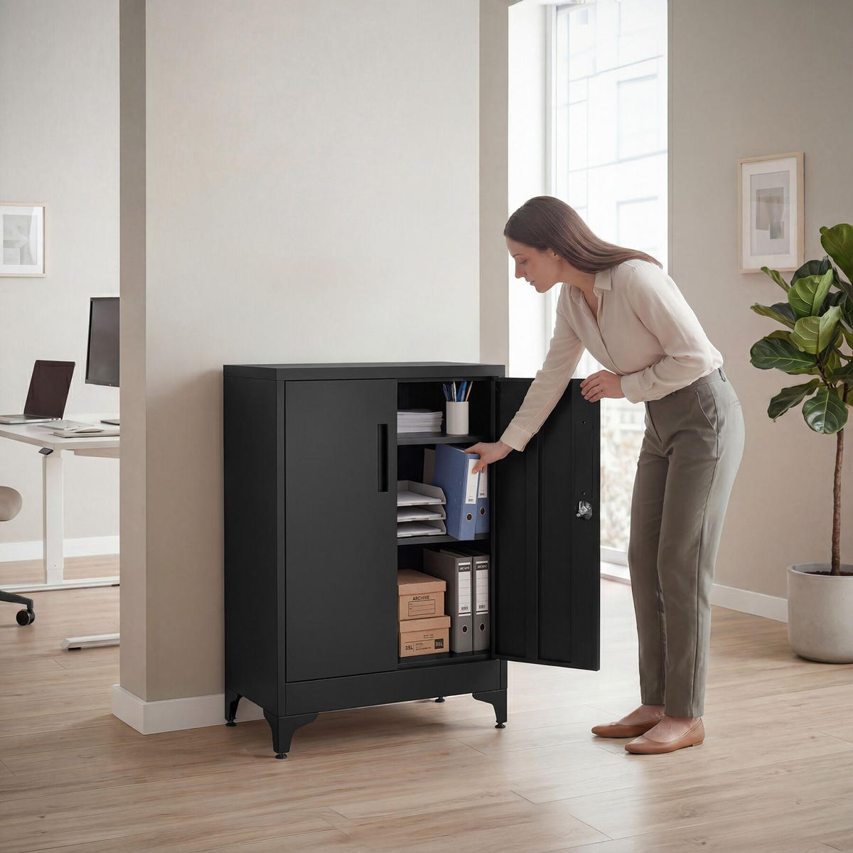 AKTENSCHRANK Blake, Kippschutz, höhenverstellbare Füße, schwarz - Schwarz, Metall (80/100/40cm) - tectake