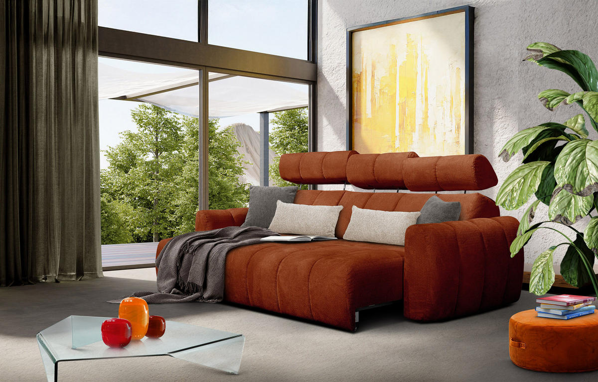 ECKSOFA KIMI 3-Sitzer, ausziehbarer Sitz, verstellbare Kopfstützen, rot - Rot/Schwarz, Holzwerkstoff/Textil (270/160cm) - Courtois Laville