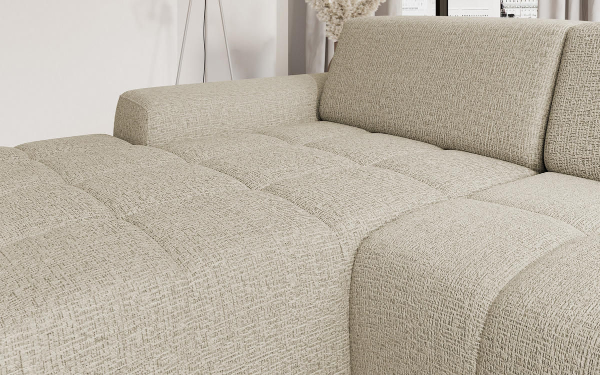 ECKSOFA Savio Freistehend, Mit Abriebfestem Kansas-Stoff, Maße 265x172x81cm, Ausziehbare Sitzfläche 206x92cm, Linke, Dunkelbeige - Currygelb, Holz/Textil (172/265cm) - DomoHome