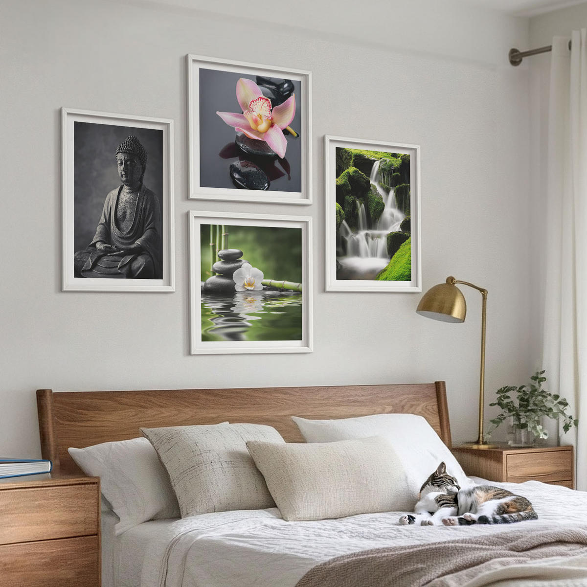 WANDBILDER 4er-Set - 50x50 cm & 40x60 cm Weißer Rahmen - Zen-Gemälde, Wassersteine, Buddha - Weiß, Kunststoff (50/50cm) - ArtPrintCave