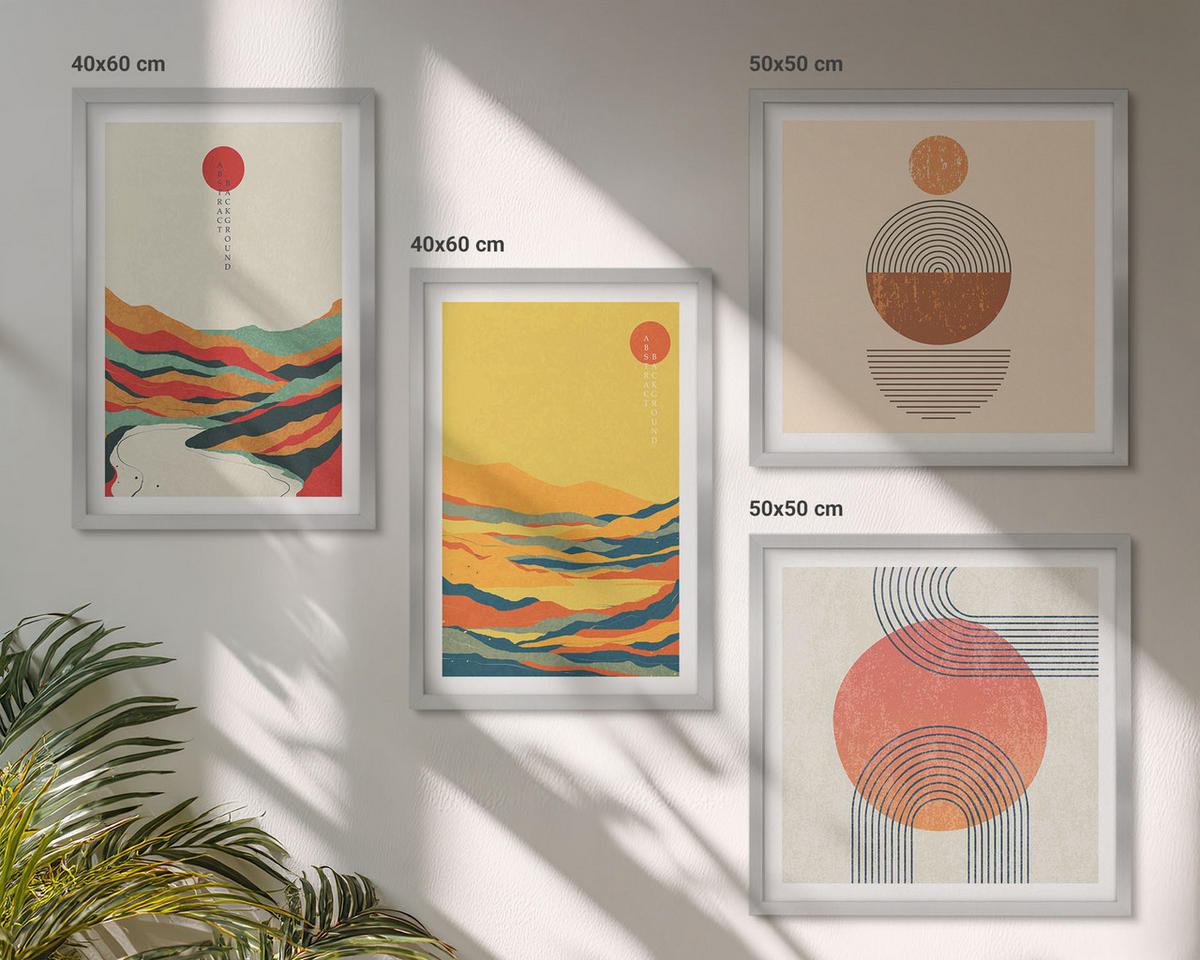 BILDER SET 4er Set - 50x50 cm & 40x60 cm Silberner Rahmen - Farbenfrohe Muster der Japandi-Flussberge - Silberfarben, Kunststoff (50/50cm) - TULUP