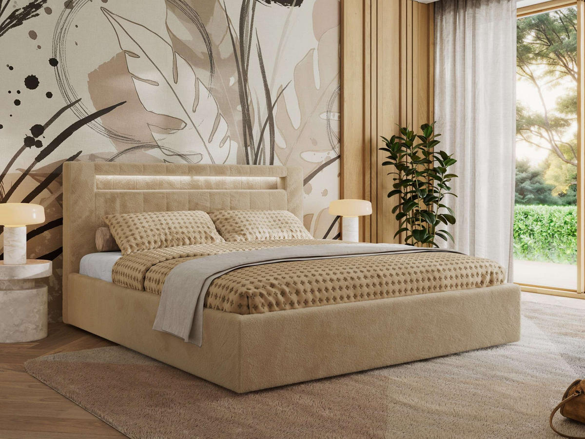 POLSTERBETT GOLD 5 CLASSIC 200/200 - Beige Plüsch - ohne Matratze - Beige, Textil (200/200cm) - MKS