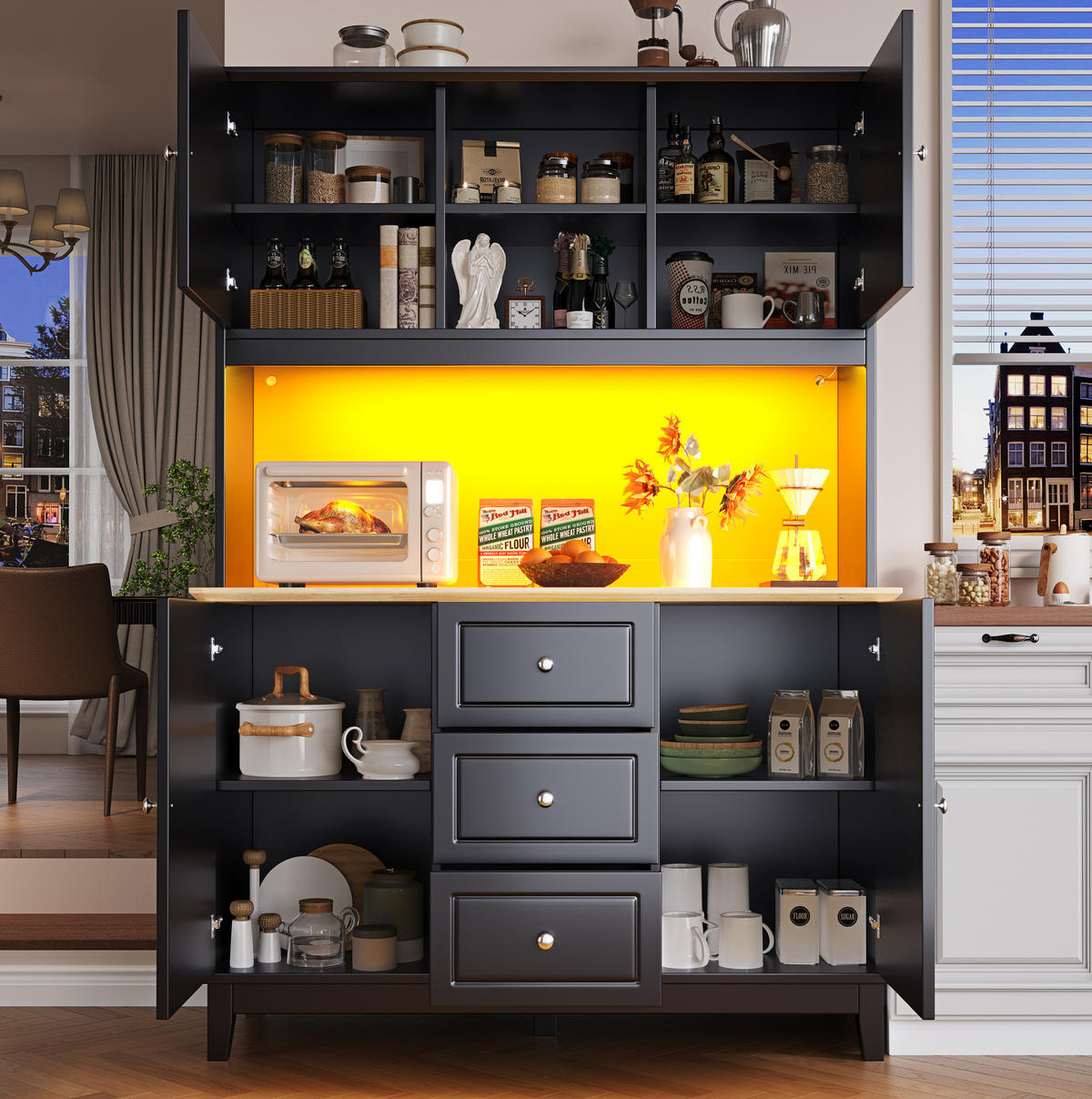 BUFFET 120/40/180 cm in Schwarz/Natur mit LED-Beleuchtung und USB-Ladefunktion - Schwarz, Holzwerkstoff (120/180/40cm) - Flora Grace