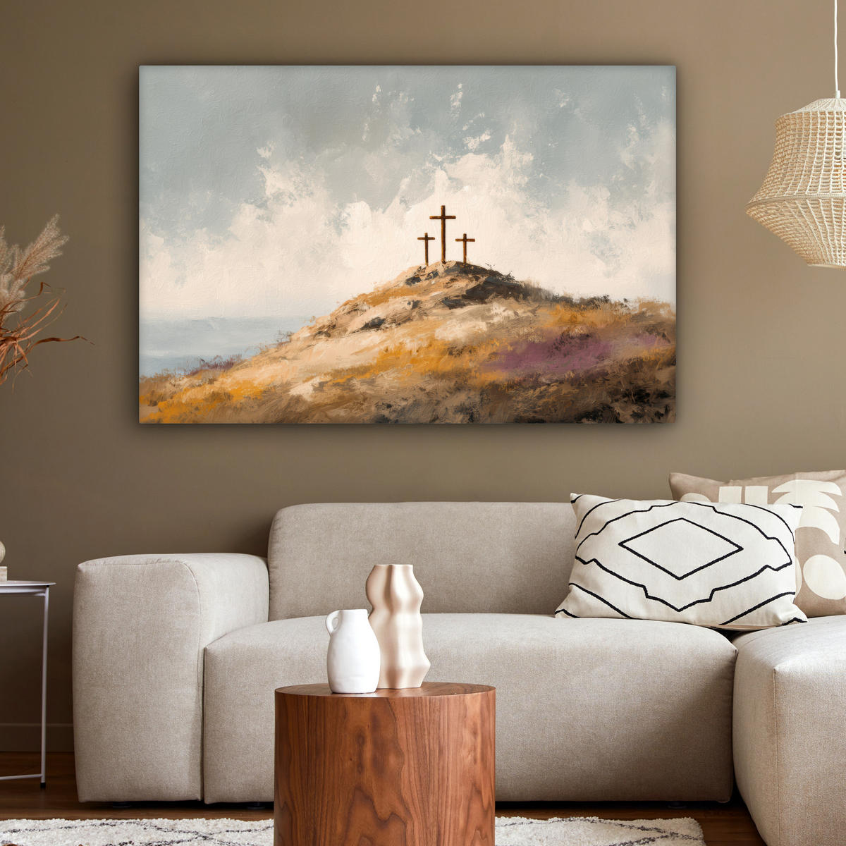 LEINWANDBILD Hügel - Abstrakt - Christentum - Kreuz Groß 140x90 cm - Hellgrau, Textil (140/90cm) - MuchoWow