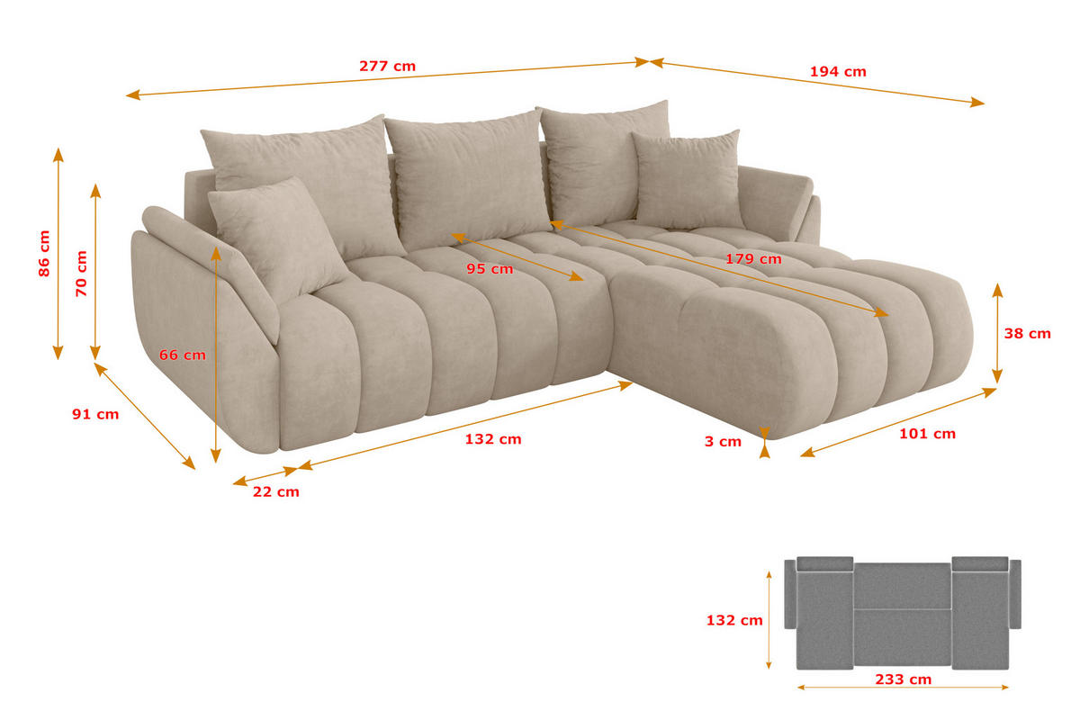 ROHOVÁ SEDAČKA s funkcí spaní, otoman vpravo TOKO-L-v1 277x194x86 béžová velur - černá/Sahara, kompozitní dřevo/textil (277/194cm) - ALTDECOR