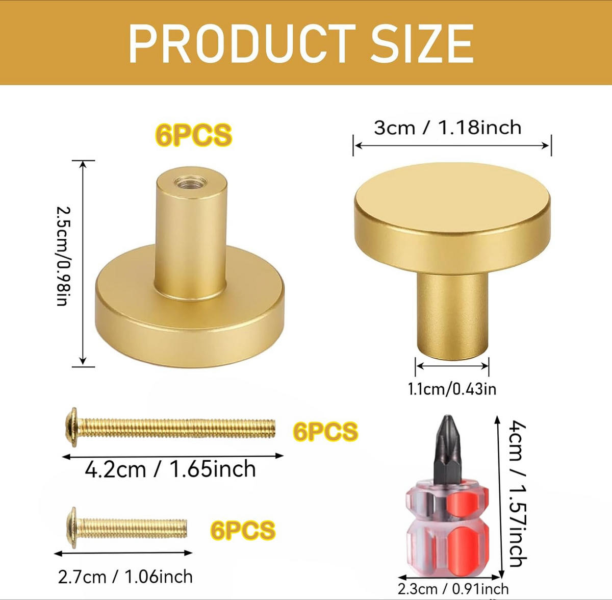 SCHRANKKNOPF Gold 6er-Set 30x25 mm Aluminium - Goldfarben, Metall (1.1/2.5/0.3cm)