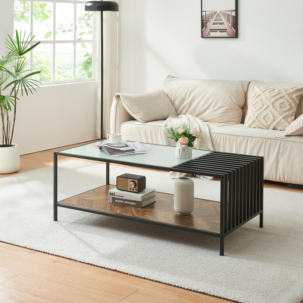 COUCHTISCH Pärghos 120/60/45 cm - Eichefarben/Schwarz, Glas/Metall (60/120/45cm) - [en.casa]